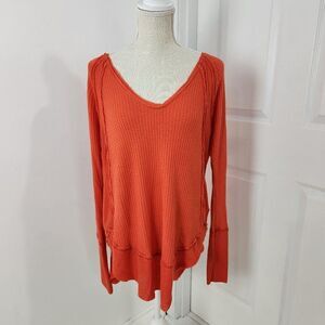 We The Free Top Womens M Orange Catalina Waffle Knit Thermal Raw Seams Boho